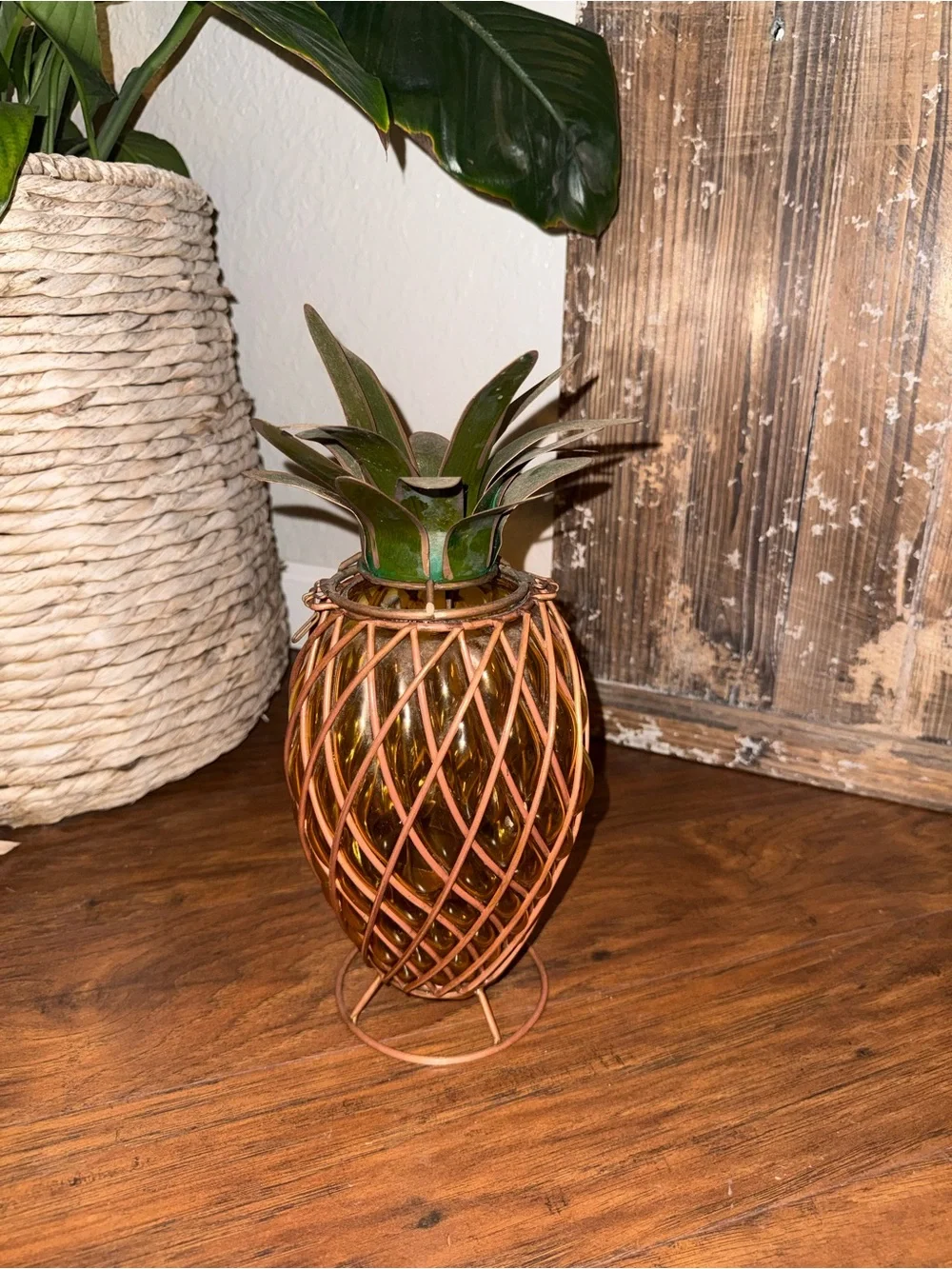 Vintage Caged Pineapple Copper Wire Blown Bubble Glass Candle Holder Enamel